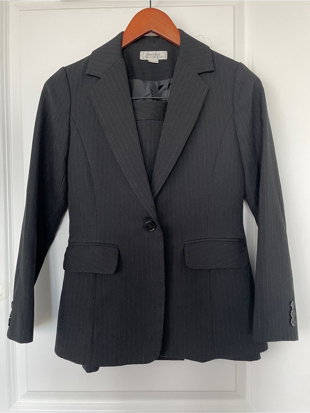 Women's Charcoal Pinstripe Single-Button Blazer and Skirt Set